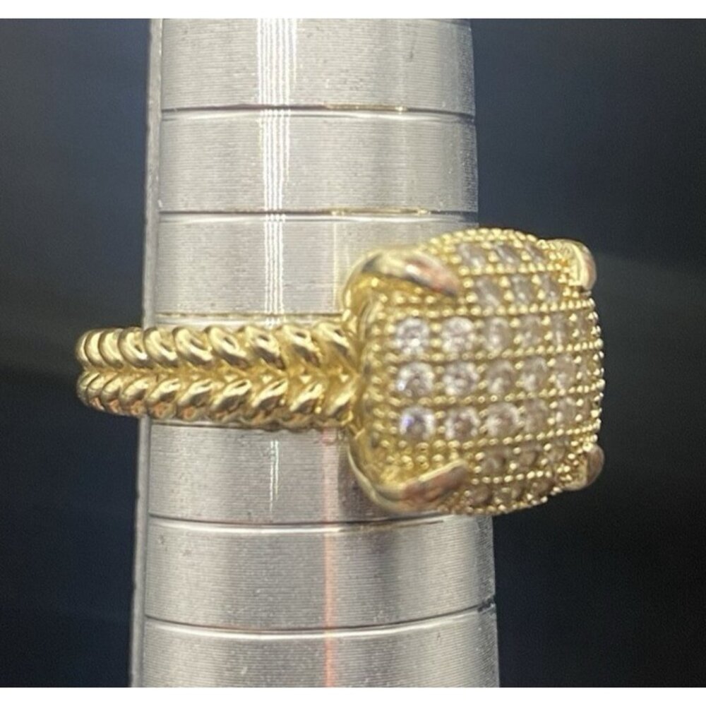 Square Cushion Pave CZ Ring Size 8 Yellow Gold Tone Designer Style Rope Detail - Picture 8 of 11